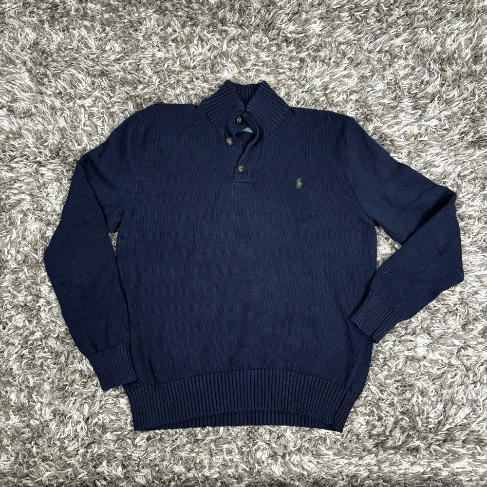 Polo Ralph Lauren Mens Navy Blue 100% Cotton Mock Neck Button Sweater Large L